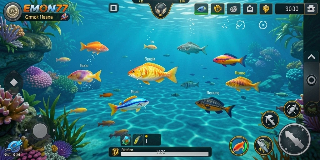 Tangkapan layar utama EMON77 dengan gameplay Tembak Ikan yang menegangkan.