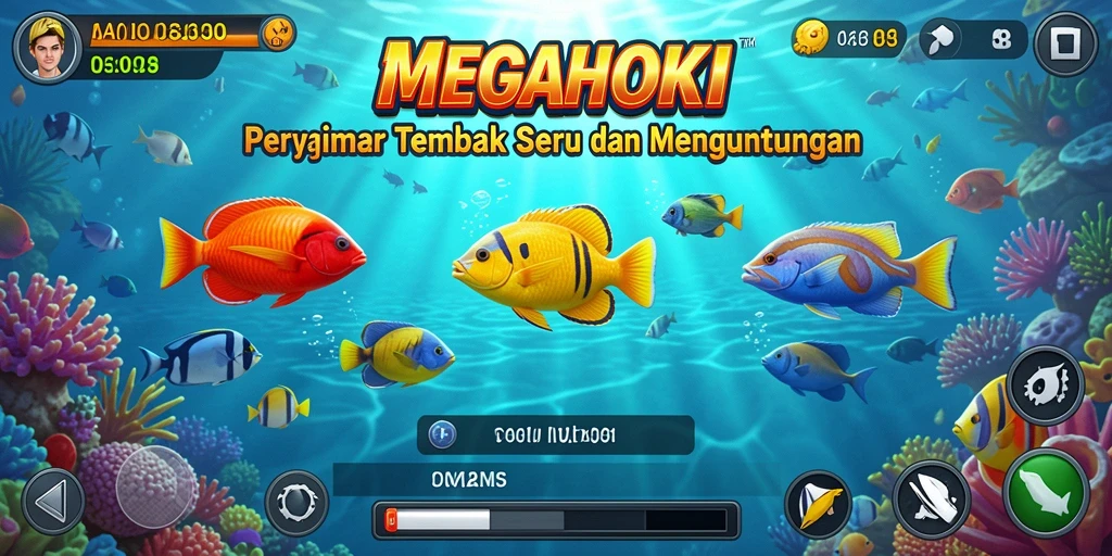 Tangkapan layar gameplay <strong>MEGAHOKI</strong> dengan aksi menembak ikan.