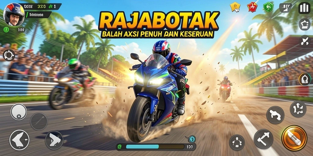 Tampilan gameplay RAJABOTAK yang intens dan penuh aksi balapan motor.