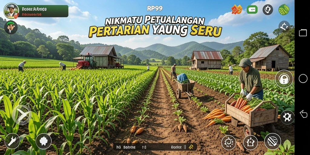 Tangkapan layar gameplay RP99 menampilkan ladang yang subur dan hewan ternak.