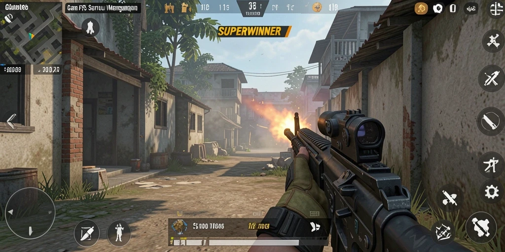 Tangkapan layar dari gameplay SUPERWINNER menunjukkan aksi tembak-menembak yang intens.